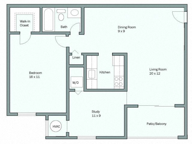Floor plan for 1 bed, 1 bath, 892 sqft